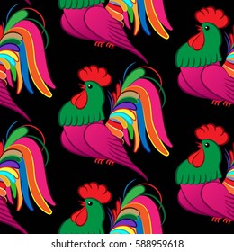 Beautiful colorful rooster. Endless pattern. Background rooster symbol 2017.