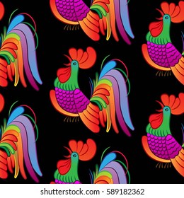 Beautiful colorful rooster. Endless pattern. Background rooster symbol 2017.