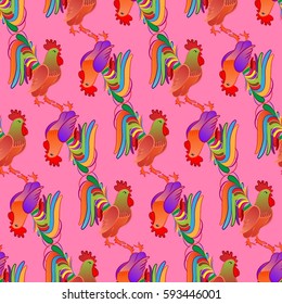 Beautiful colorful rooster. Endless pattern. Background rooster symbol 2017.