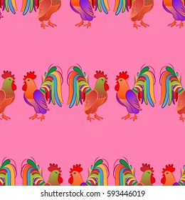 Beautiful colorful rooster. Endless pattern. Background rooster symbol 2017.