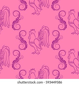 Beautiful colorful rooster. Endless pattern. Background rooster symbol 2017.