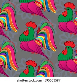 Beautiful colorful rooster. Endless pattern. Background rooster symbol 2017.