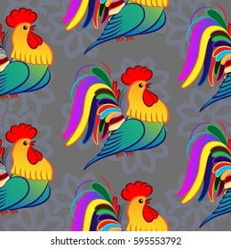 Beautiful colorful rooster. Endless pattern. Background rooster symbol 2017.