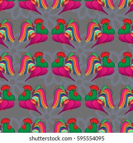 Beautiful colorful rooster. Endless pattern. Background rooster symbol 2017.