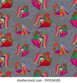 Beautiful colorful rooster. Endless pattern. Background rooster symbol 2017.
