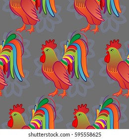 Beautiful colorful rooster. Endless pattern. Background rooster symbol 2017.