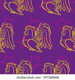Beautiful colorful rooster. Endless pattern. Background Fantastic Beasts.