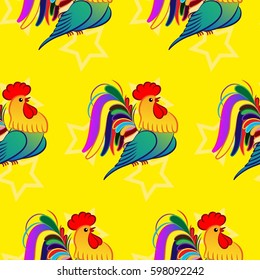 Beautiful colorful rooster. Endless pattern. Background Fantastic Beasts.