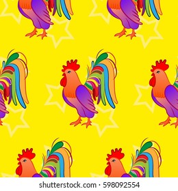 Beautiful colorful rooster. Endless pattern. Background Fantastic Beasts.