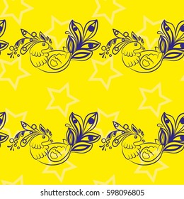 Beautiful colorful rooster. Endless pattern. Background Fantastic Beasts.