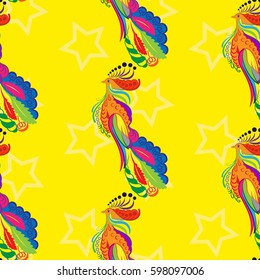 Beautiful colorful rooster. Endless pattern. Background Fantastic Beasts.