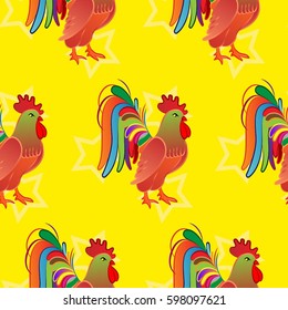 Beautiful colorful rooster. Endless pattern. Background Fantastic Beasts.
