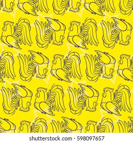 Beautiful colorful rooster. Endless pattern. Background Fantastic Beasts.