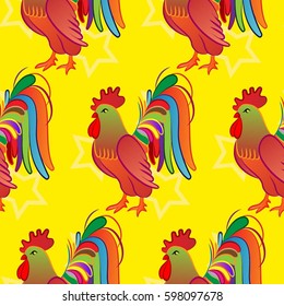 Beautiful colorful rooster. Endless pattern. Background Fantastic Beasts.