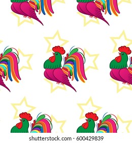Beautiful colorful rooster. Endless pattern. 