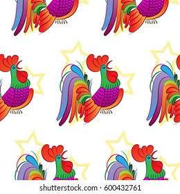 Beautiful colorful rooster. Endless pattern. Background Fantastic Beasts.