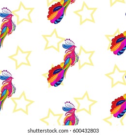 Beautiful colorful rooster. Endless pattern. 