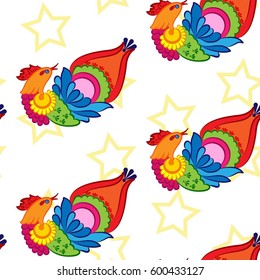 Beautiful colorful rooster. Endless pattern. 