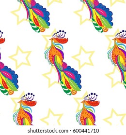 Beautiful colorful rooster. Endless pattern. 