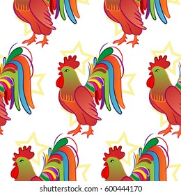 Beautiful colorful rooster. Endless pattern. 