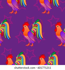 Beautiful colorful rooster. Endless pattern. Background Fantastic Beasts.