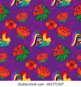 Beautiful colorful rooster. Endless pattern. Background Fantastic Beasts.