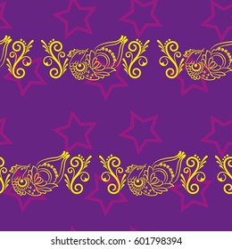 Beautiful colorful rooster. Endless pattern. Background Fantastic Beasts.