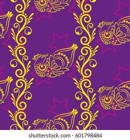 Beautiful colorful rooster. Endless pattern. Background Fantastic Beasts.
