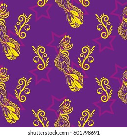 Beautiful colorful rooster. Endless pattern. Background Fantastic Beasts.
