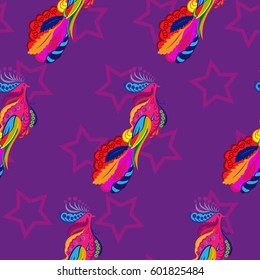 Beautiful colorful rooster. Endless pattern. Background Fantastic Beasts.