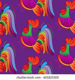 Beautiful colorful rooster. Endless pattern. Background Fantastic Beasts.