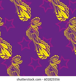 Beautiful colorful rooster. Endless pattern. Background Fantastic Beasts.