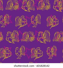 Beautiful colorful rooster. Endless pattern. Background Fantastic Beasts.
