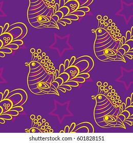 Beautiful colorful rooster. Endless pattern. Background Fantastic Beasts.