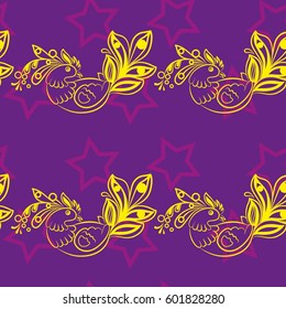 Beautiful colorful rooster. Endless pattern. Background Fantastic Beasts.