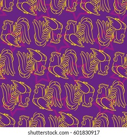 Beautiful colorful rooster. Endless pattern. Background Fantastic Beasts.