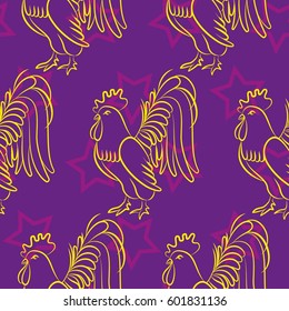 Beautiful colorful rooster. Endless pattern. Background Fantastic Beasts.