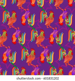 Beautiful colorful rooster. Endless pattern. Background Fantastic Beasts.