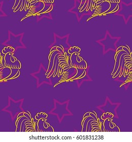 Beautiful colorful rooster. Endless pattern. Background Fantastic Beasts.