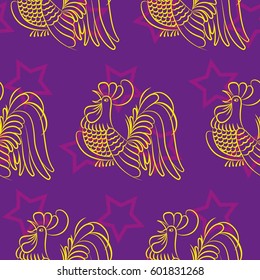 Beautiful colorful rooster. Endless pattern. Background Fantastic Beasts.