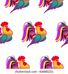 Beautiful colorful rooster. Endless pattern. Background Fantastic Beasts.