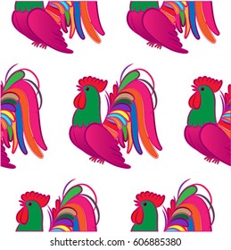 Beautiful colorful rooster. Endless pattern. Background Fantastic Beasts.