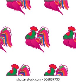 Beautiful colorful rooster. Endless pattern. Background Fantastic Beasts.