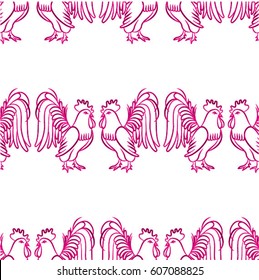 Beautiful colorful rooster. Endless pattern. Background Fantastic Beasts.
