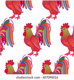 Beautiful colorful rooster. Endless pattern. Background Fantastic Beasts.