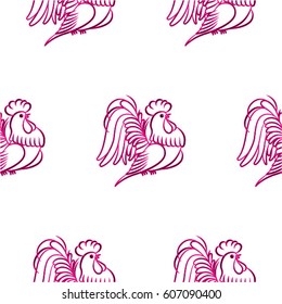 Beautiful colorful rooster. Endless pattern. Background Fantastic Beasts.