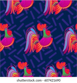 Beautiful colorful rooster. Endless pattern. Background Fantastic Beasts.
