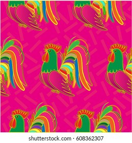 Beautiful colorful rooster. Endless pattern. Background Fantastic Beasts.