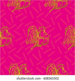 Beautiful colorful rooster. Endless pattern. Background Fantastic Beasts.