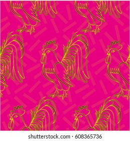 Beautiful colorful rooster. Endless pattern. Background Fantastic Beasts.